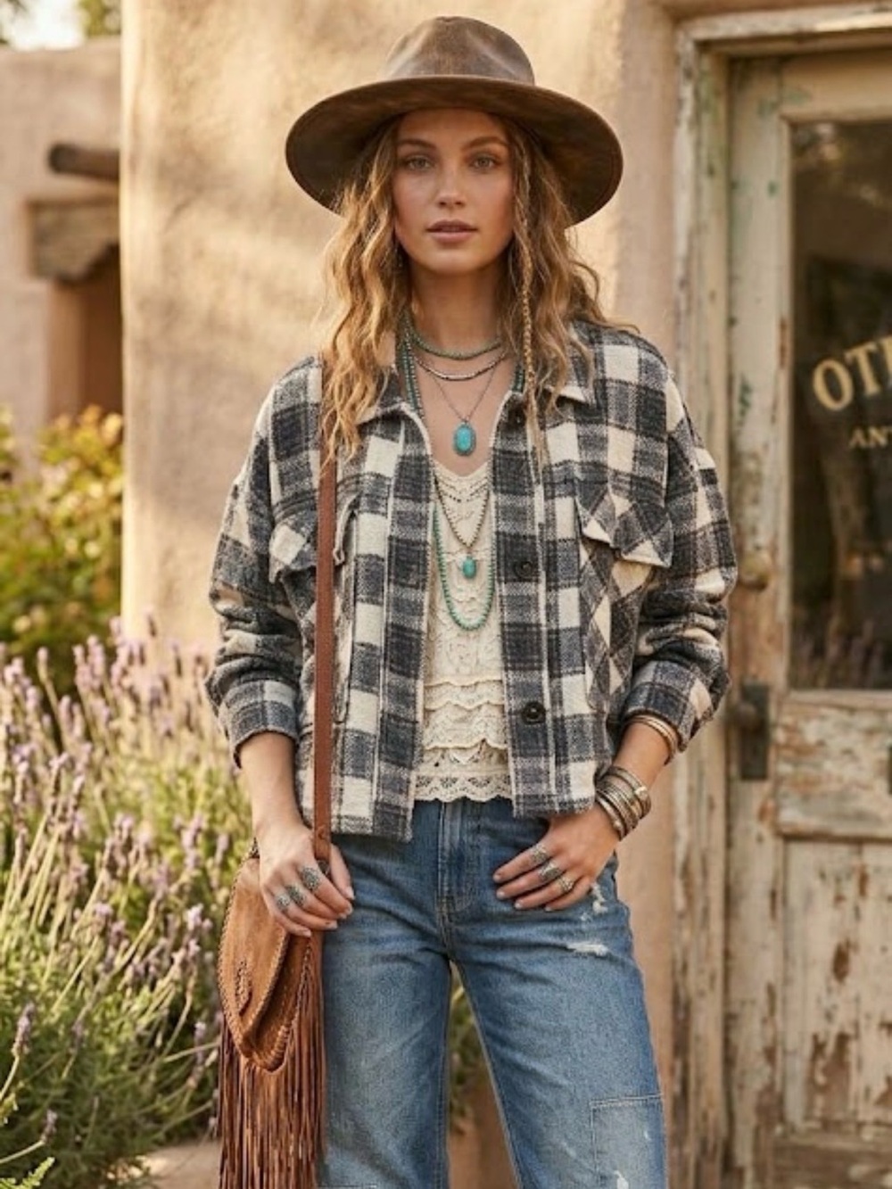 For The Republic Cropped Plaid Shacket Jacket Charcoal Cream Elbow Patches Mediu